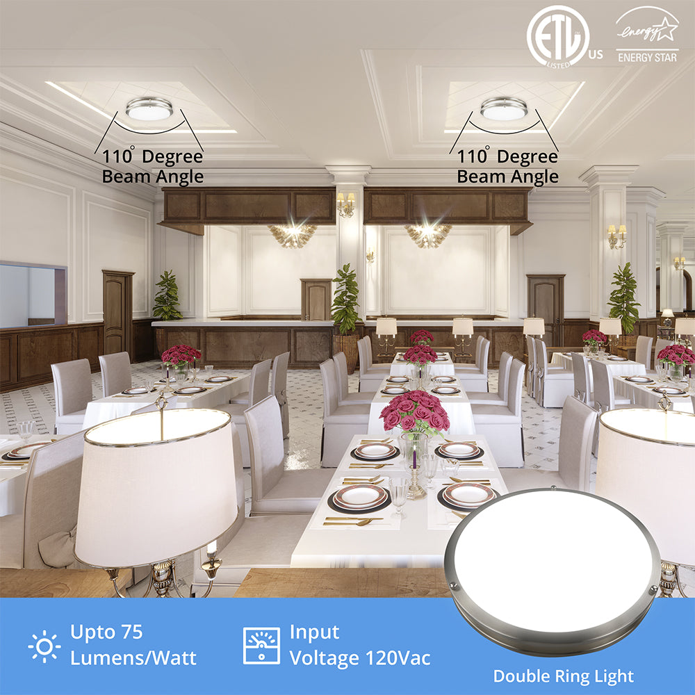 Double Ring LED Flush Mount Ceiling Fixture | Adj Watt 16W/22W/30W | 2250 Lumens | Adj CCT 2700K-3K-3500K-4K-5K | 120V