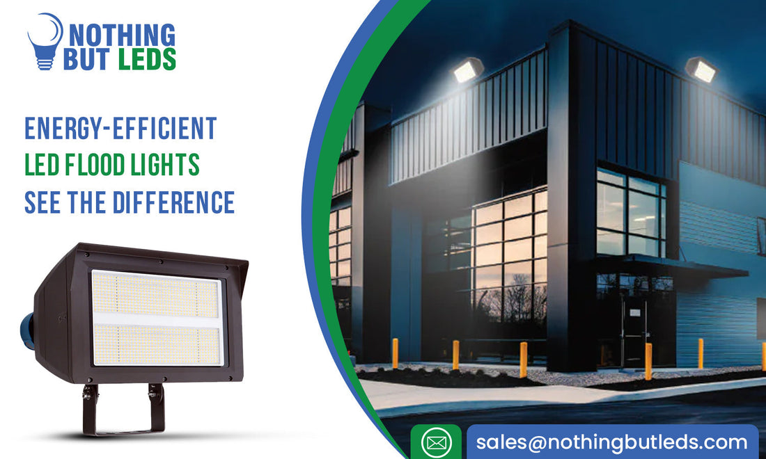 Bright LED flood lights illuminating an outdoor area at night.