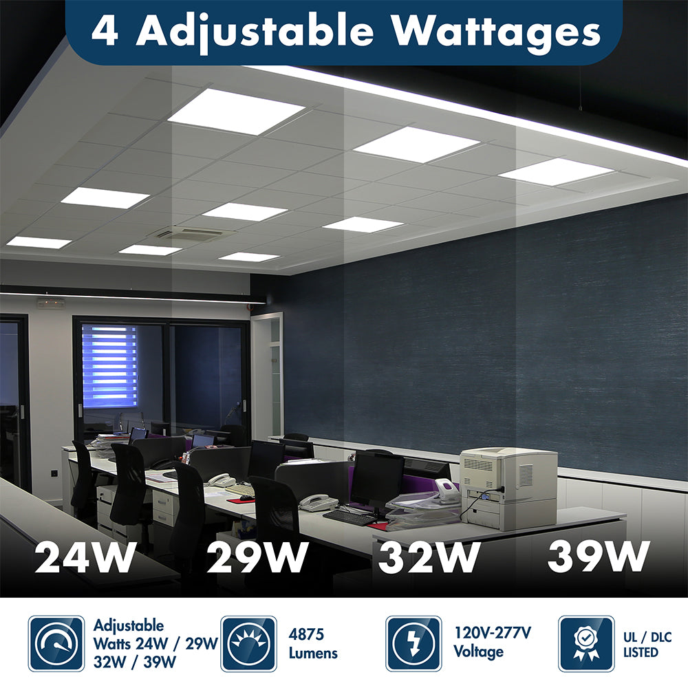 LED Backlit Panel | Adj Watt 24W/29W/32W/39W | 4875 Lumens | Adj CCT 4000K-5000K-6500K | 120V-277V | 2'X2' | UL & DLC Listed | 5 Year Warranty | Pack of 2