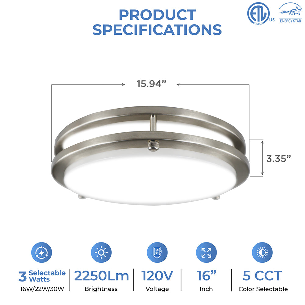 Double Ring LED Flush Mount Ceiling Fixture | Adjustable Wattage 16W/22W/30W | 2250 Lumens | Adjustable CCT 2700K-3000K-3500K-4000K-5000K | 120Vac | 16inch | Triac Dimmable | ETL & ES Listed | 5 Year Warranty