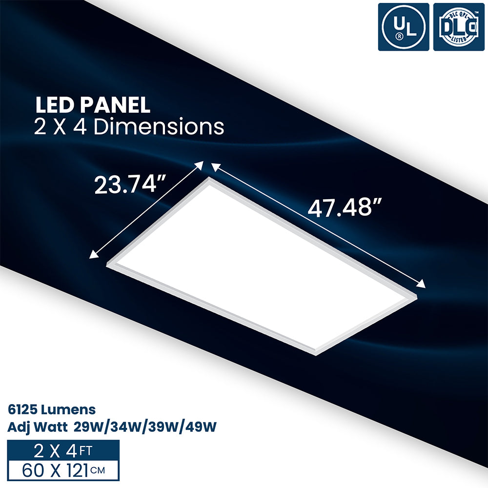 LED Backlit Panel | Adj Watt 29W/34W/39W/49W | 6125 Lumens | Adj CCT 4000K-5000K-6500K | 120V-277V | 2'X4' | UL & DLC Listed | 5 Year Warranty | Pack of 2