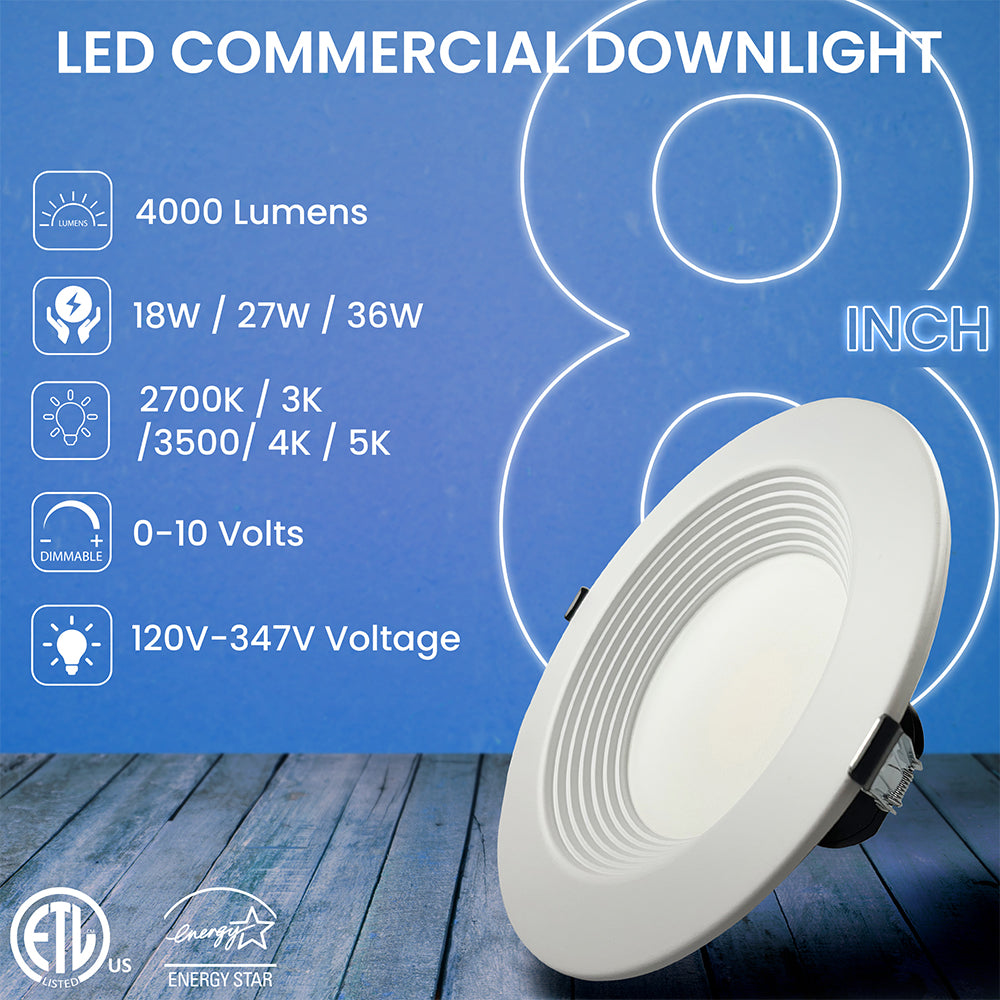 LED Commercial Downlight | Adjustable Watt 18W/27W/36W | 4000 Lumens | Adjustable CCT 2700K/3000K/3500K/4000K/5000K | 120V-347V | 8" | ETL & ES Listed | 5 Year Warranty - Nothing But LEDs