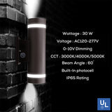 LED Up & Down Wall Sconce | 30 Watt | 3360 Lumens | Adj CCT 3000K/ 4000K/ 5000K | 120V-277V | Bronze Housing | IP65 | UL Listed | 5 Year Warranty