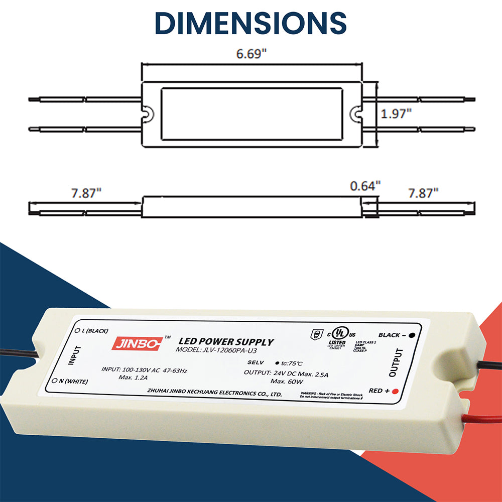 LED Power Supply | 60 Watt | 24 Volt DC | IP67 | JLV-24060PA-U3 | UL Listed | 3 Year Warranty