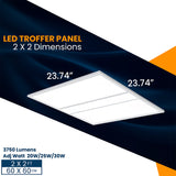 LED Panel/Troffer | Adj Watt 20W/25W/30W | 3750 Lumens | Adj CCT 3500K/4000K/5000K | 120V-277V | 2'X2' | Dimmable | UL & DLC Listed | 5 Year Warranty