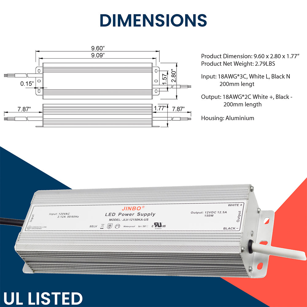 LED Power Supply | 150 Watt | 12 Volt DC | IP67 | JLV-12150KA-US | UL Listed | 3 Year Warranty