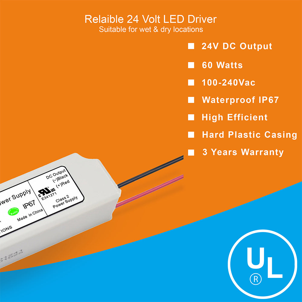 LED Power Supply | 60 Watt | 24 Volt DC | IP67 | VD-24060A0696 | UL Listed | 3 Year Warranty - Nothing But LEDs