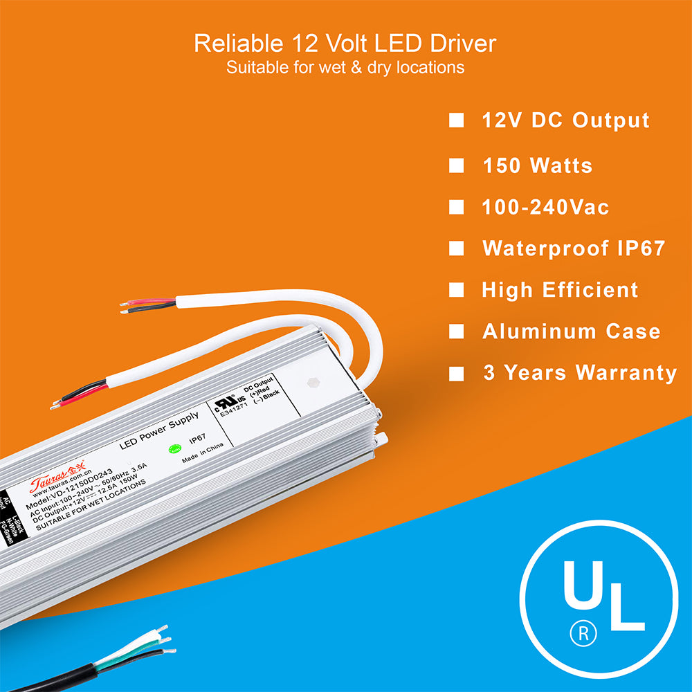 LED Power Supply | 150 Watt | 12 Volt DC | IP67 | VD-12150D0243 | UL Listed | 3 Year Warranty - Nothing But LEDs