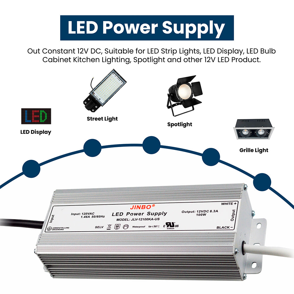 LED Power Supply | 100 Watt | 12 Volt DC | IP67 | JLV-12100KA-US | UL Listed | 3 Year Warranty