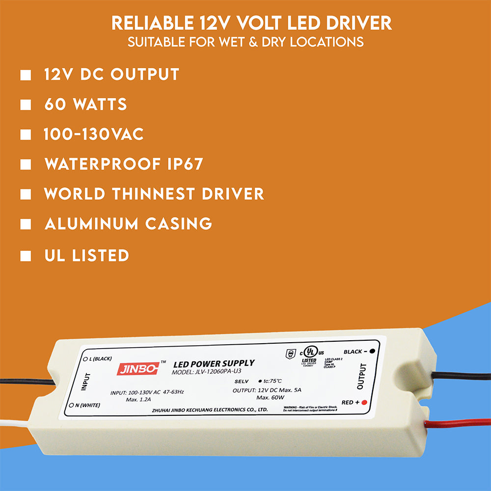 LED Power Supply | 60 Watt | 12 Volt DC | IP67 | JLV-12060PA-U3 | UL Listed | 3 Year Warranty