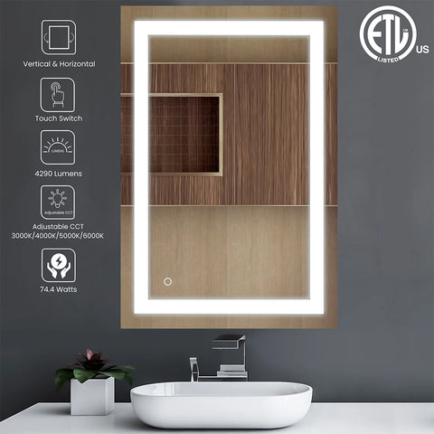 LED Bathroom Lighted Mirror | 74.4 Watt | 4290 Lumens | Adjustable CCT 3000K-4000K-5000K-6000K | 100V-120V | 36" X 48" | On/Off Touch Sensor | ETL Listed | 5 Year Warranty - Nothing But LEDs