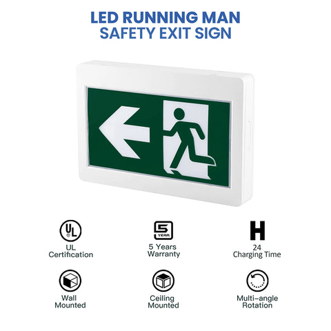 LED Running Man Safety Exit Sign | 3.5W | 6000-7000K | Green | 120-347V | 3.6V 2000mAh Ni-Cd Battery | Single & Double Face | UL Listed | Pack of 2 - Nothing But LEDs