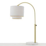 Table Lamp | Arched 160W Bulb | White linen fabric shade | Brushed Gold Finish
