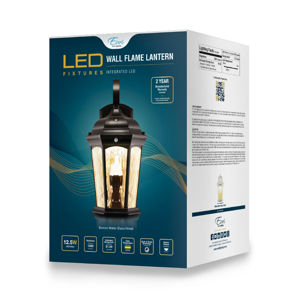 Euri Lighting | LED Wall Lantern | 12.5 Watt | 1200 Lumens | 3000K | 120V | Non-Dimmable | Bronze Finish with Water Glass Lens | Aluminum Housing | ES & ETL Listed | 2 Years Limited Warranty