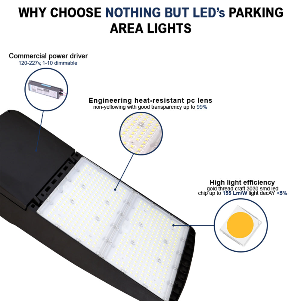 LED Area Light | Adj Wattage 240W/260W/280W/310W | 47430 Lumens | 5000K | 120V-277V | Universal Bracket | Black Housing | IP65 | UL & DLC Listed | 5 Year Warranty - Nothing But LEDs